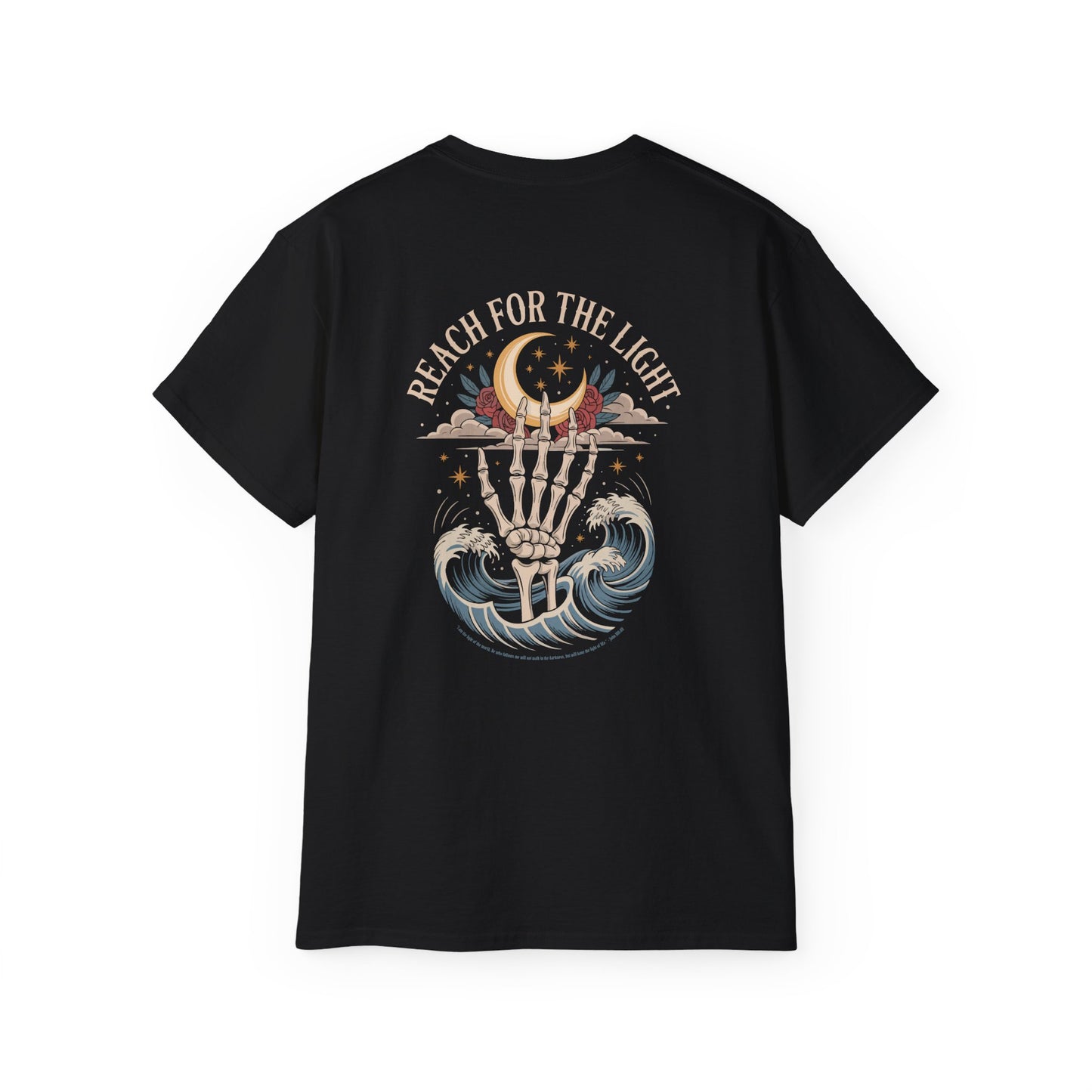 "Reach for the Light" – Skeleton Hand & Moon Shirt | Nighttime Version (John 8:12)