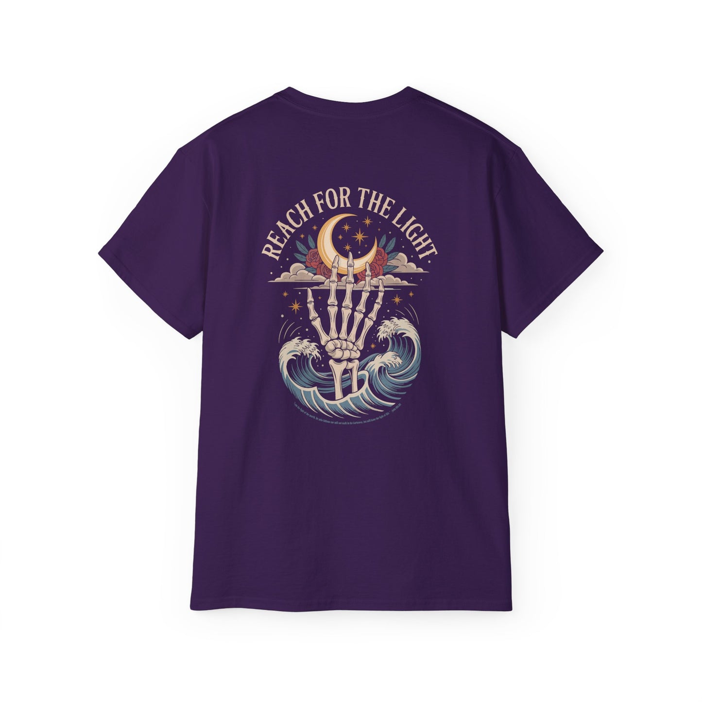 "Reach for the Light" – Skeleton Hand & Moon Shirt | Nighttime Version (John 8:12)