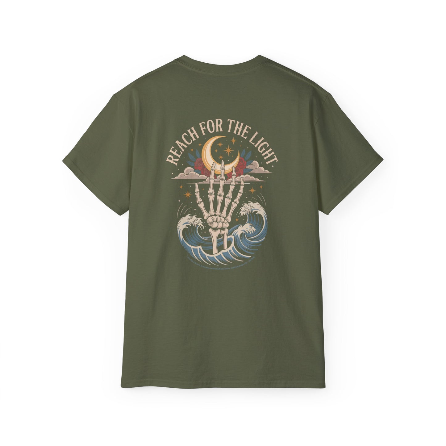 "Reach for the Light" – Skeleton Hand & Moon Shirt | Nighttime Version (John 8:12)