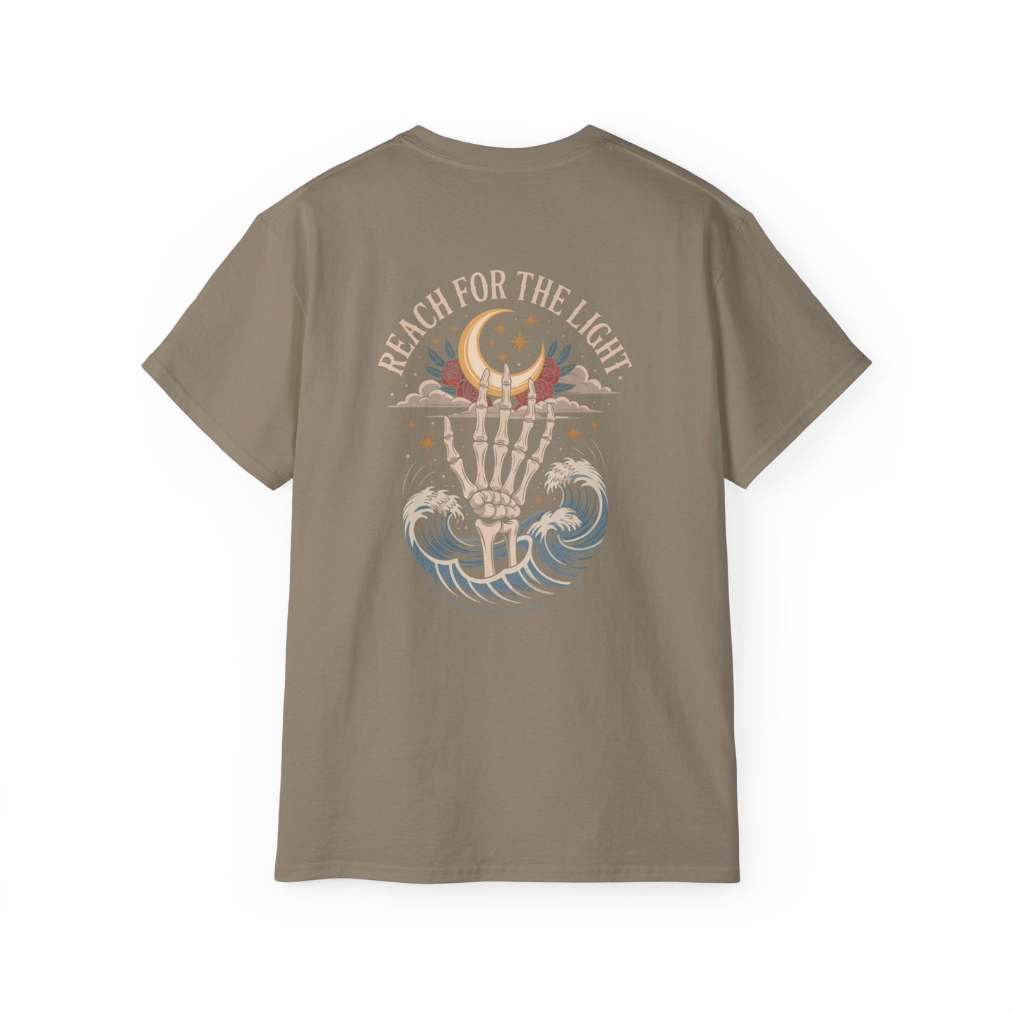 "Reach for the Light" – Skeleton Hand & Moon Shirt | Nighttime Version (John 8:12)