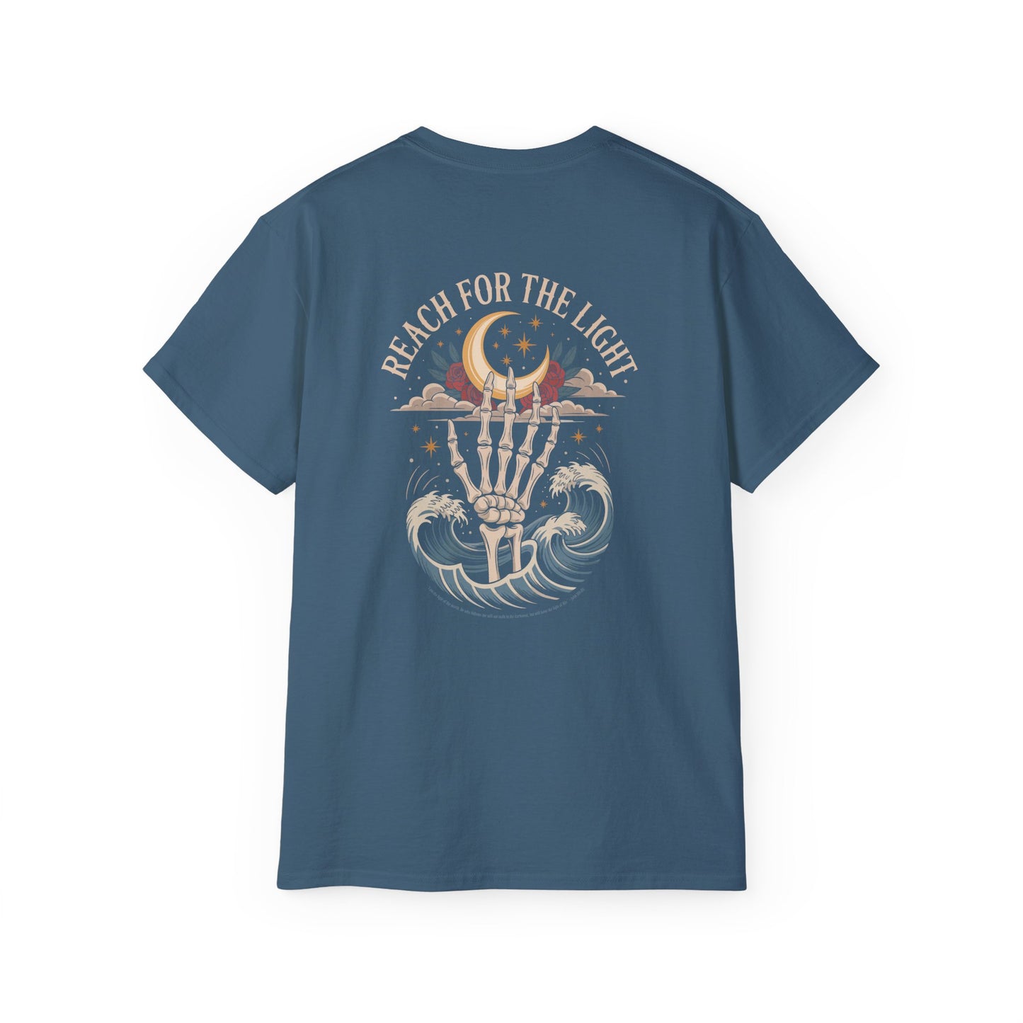 "Reach for the Light" – Skeleton Hand & Moon Shirt | Nighttime Version (John 8:12)