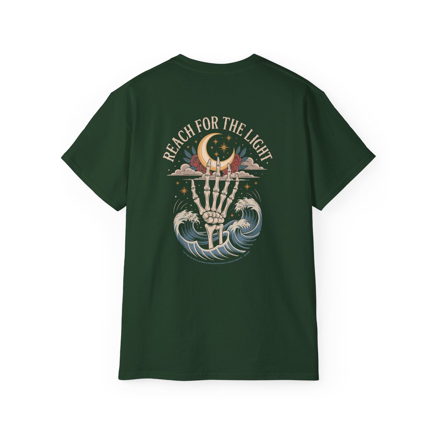 "Reach for the Light" – Skeleton Hand & Moon Shirt | Nighttime Version (John 8:12)