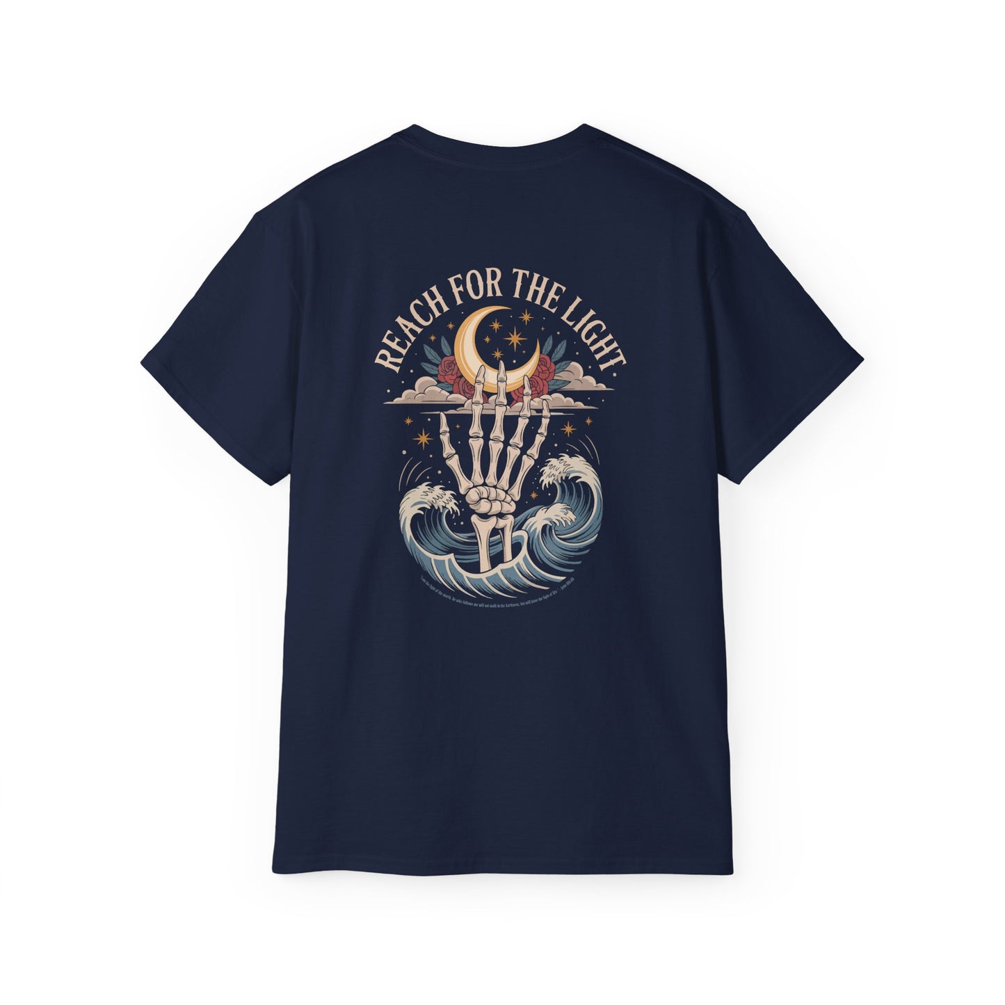 "Reach for the Light" – Skeleton Hand & Moon Shirt | Nighttime Version (John 8:12)
