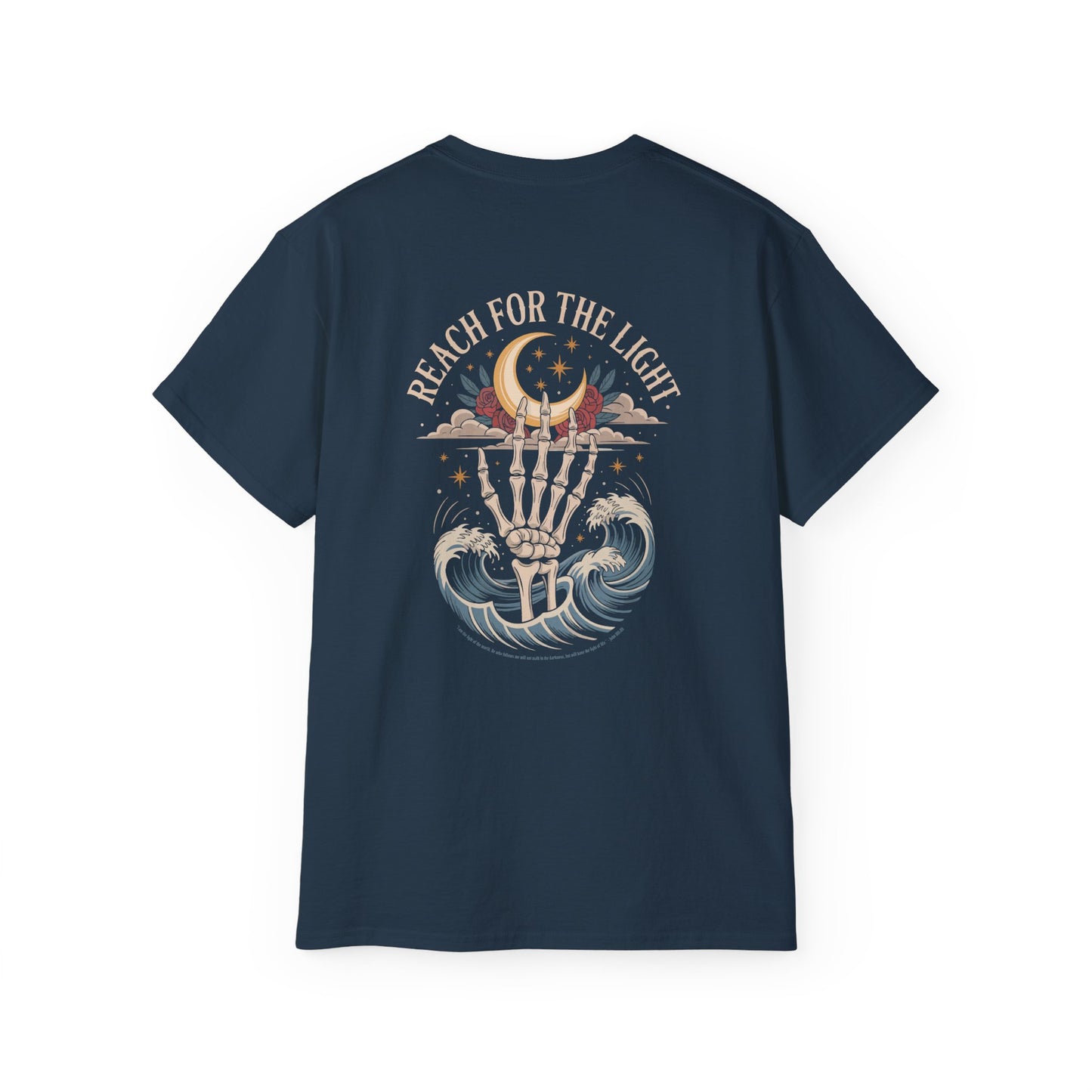 "Reach for the Light" – Skeleton Hand & Moon Shirt | Nighttime Version (John 8:12)