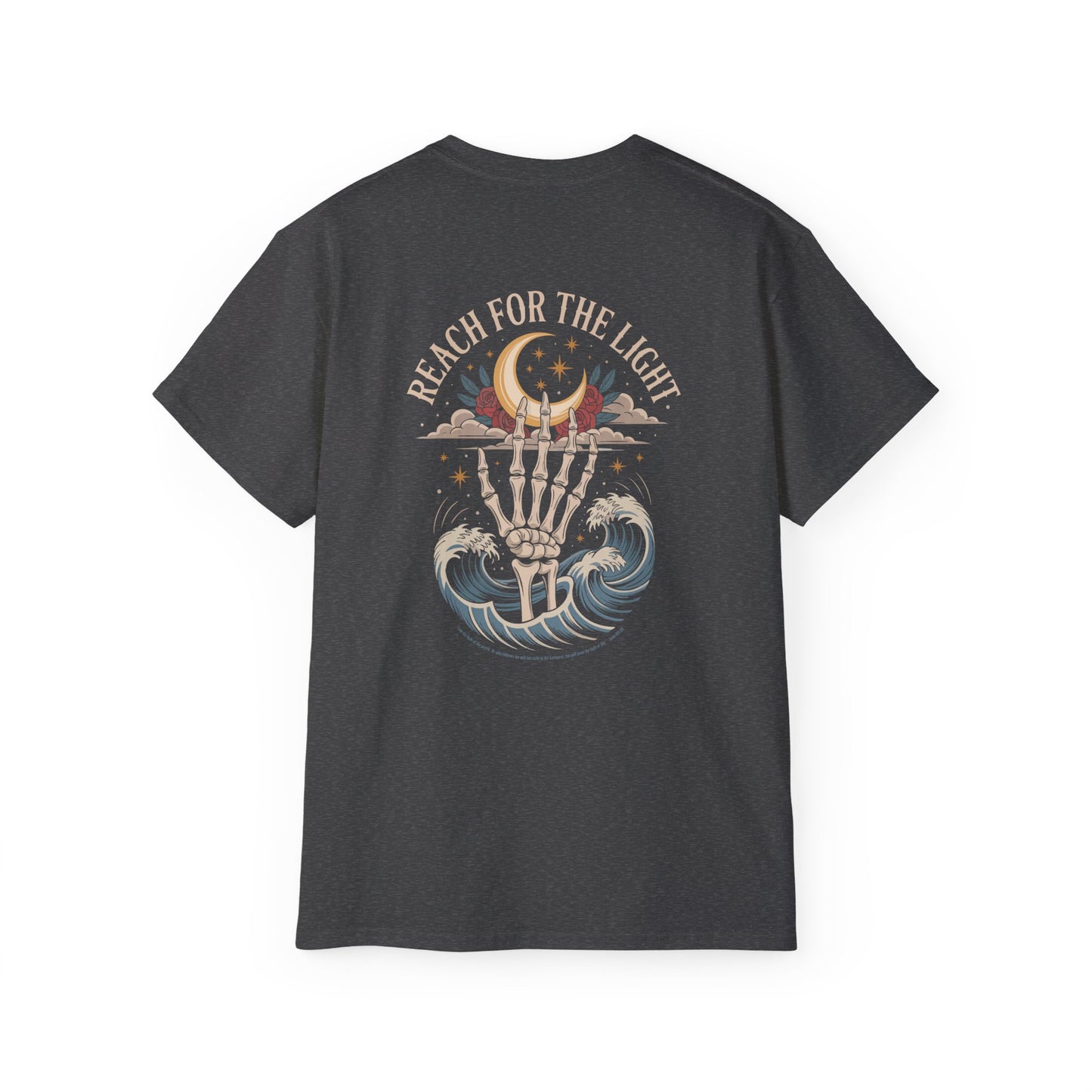 "Reach for the Light" – Skeleton Hand & Moon Shirt | Nighttime Version (John 8:12)