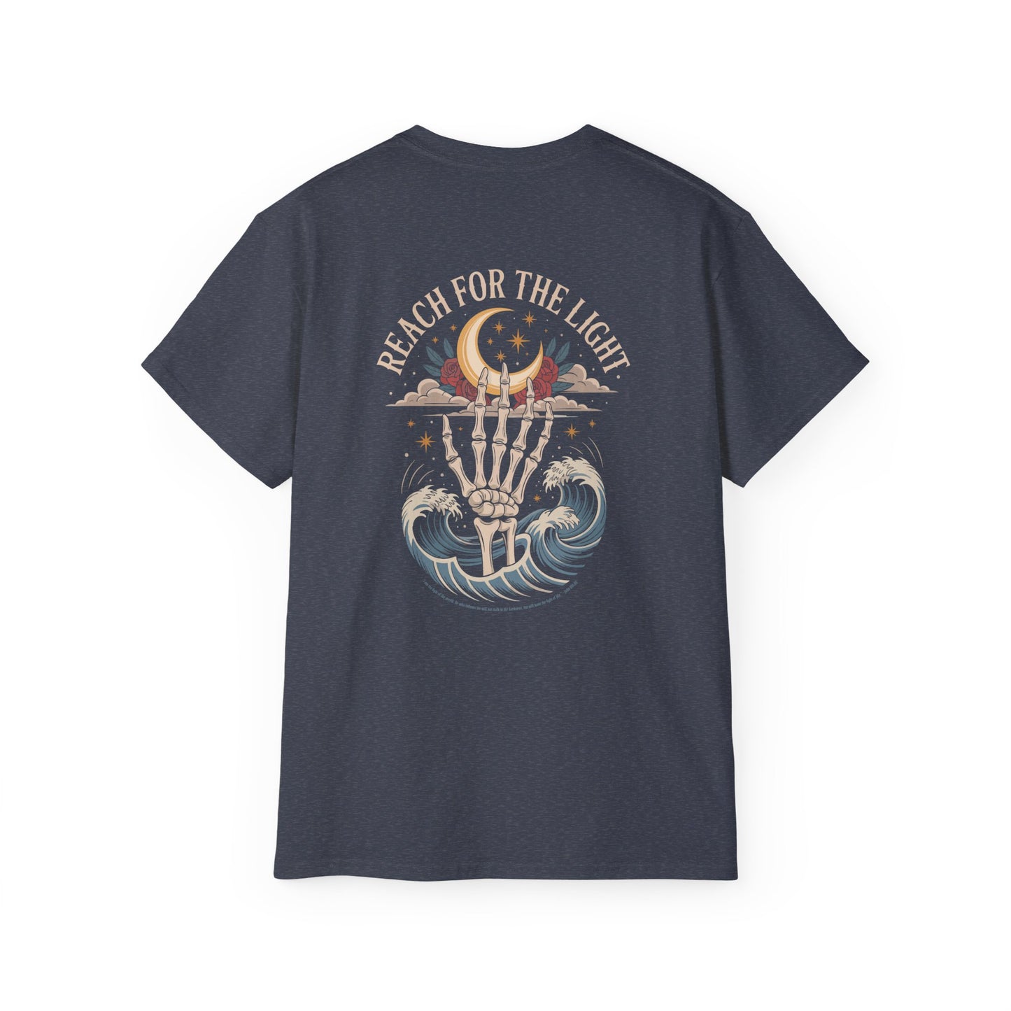 "Reach for the Light" – Skeleton Hand & Moon Shirt | Nighttime Version (John 8:12)