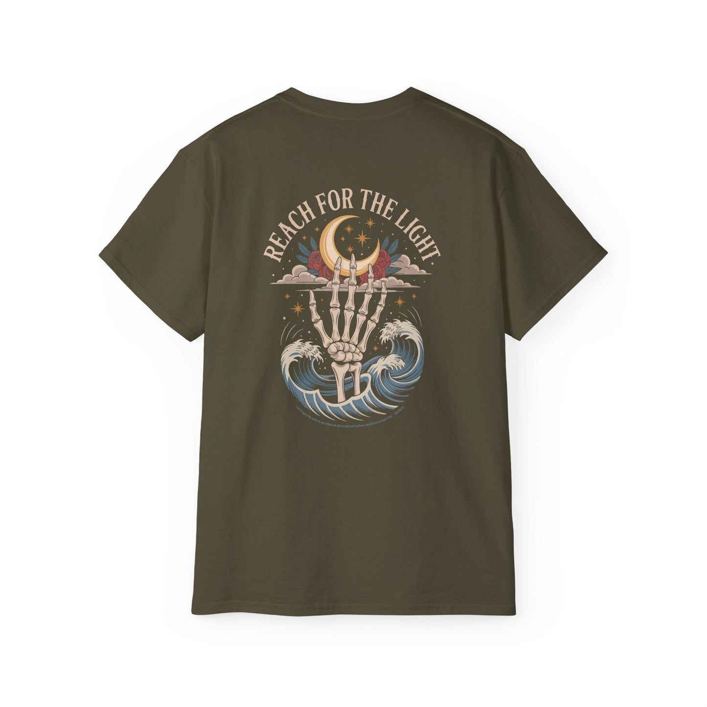 "Reach for the Light" – Skeleton Hand & Moon Shirt | Nighttime Version (John 8:12)