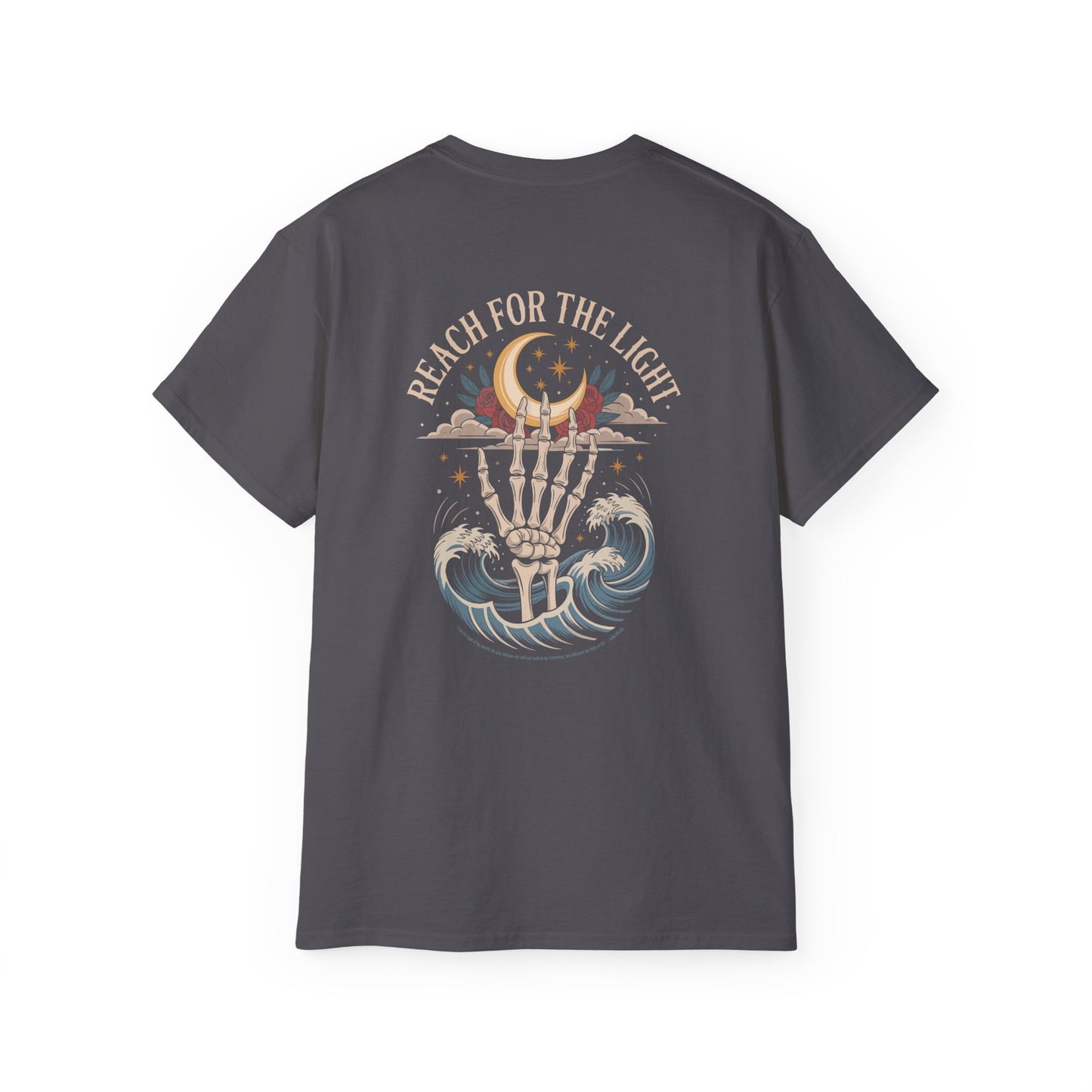 "Reach for the Light" – Skeleton Hand & Moon Shirt | Nighttime Version (John 8:12)