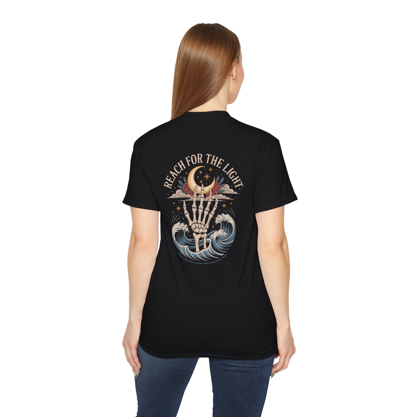 "Reach for the Light" – Skeleton Hand & Moon Shirt | Nighttime Version (John 8:12)