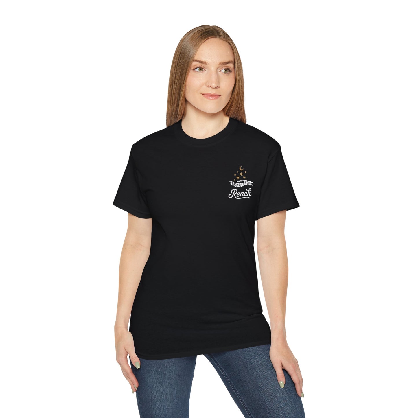 "Reach for the Light" – Skeleton Hand & Moon Shirt | Nighttime Version (John 8:12)