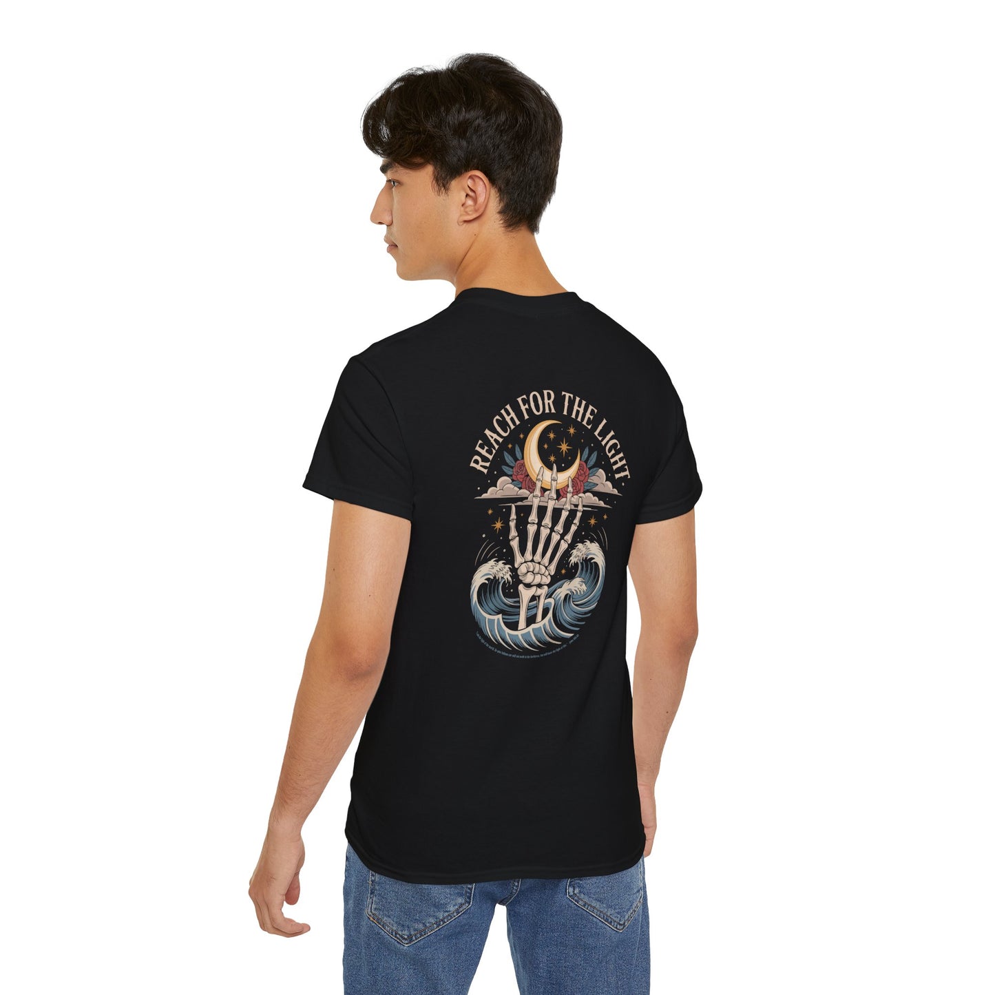 "Reach for the Light" – Skeleton Hand & Moon Shirt | Nighttime Version (John 8:12)