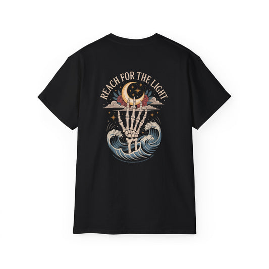 "Reach for the Light" – Skeleton Hand & Moon Shirt | Nighttime Version (John 8:12)