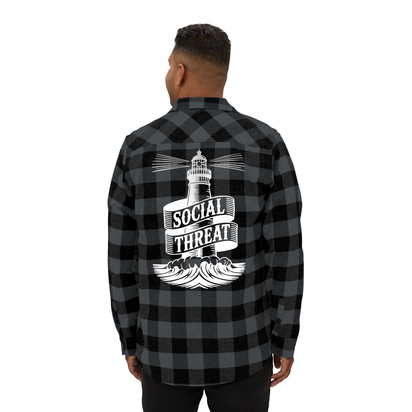 Social Threat Lighthouse Flannel – Vintage-Inspired Flame Logo & Nautical Back Print (Isaiah 58:8)