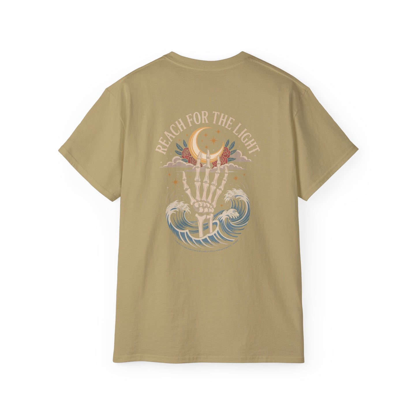 "Reach for the Light" – Skeleton Hand & Moon Shirt | Nighttime Version (John 8:12)